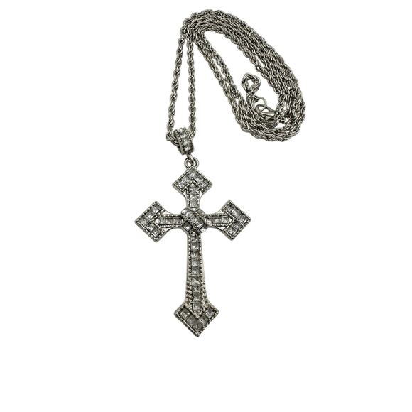 Silver Tone Rhinestone Cross Pendant Necklace with Stainless Steel Rope Chain - Picture 1 of 7